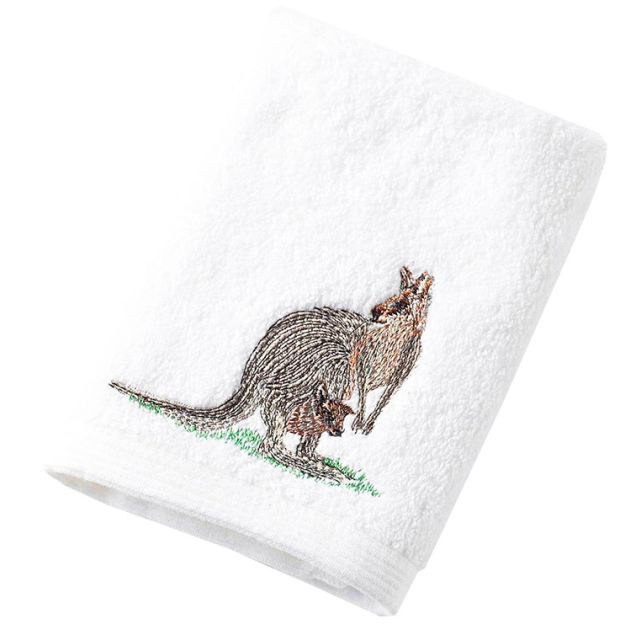 Kangaroo Embroidered White Face Washer